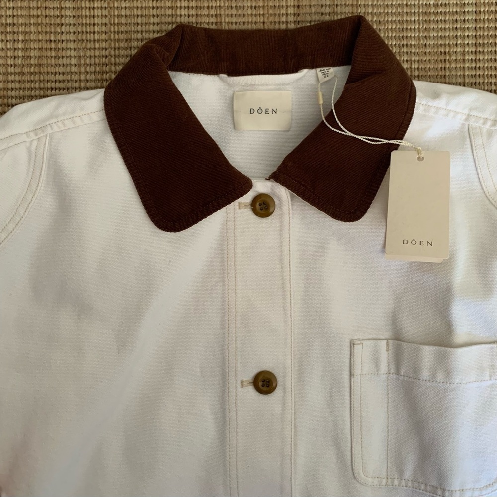 NWT Doen Pascual Cotton Denim Jean Corduroy Collar Button Barn Jacket Salt White - Picture 9 of 14